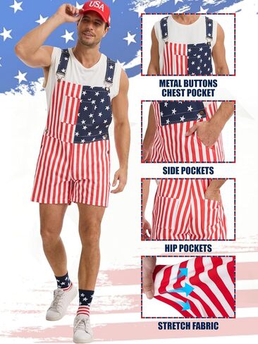 WORK IDEA Men's American Flag Overall Shorts - 250th Anniversary Patriotic USA Stretch Cotton 4th of July in Saudi Arabia