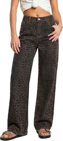 Baggy Jeans Womens Wide Leg Trendy High Waist Leopard Print Loose Fit Straight Denim Pants Y2k Vintage Style Casual in Saudi Arabia