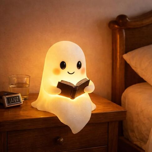 Ghost Night Light with Book, USB Powered LED Lamp, Warm White Glow, Resin, Cute Kawaii Figurine, Bedroom Nightlight in Saudi Arabia