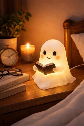Ghost Night Light with Book, USB Powered LED Lamp, Warm White Glow, Resin, Cute Kawaii Figurine, Bedroom Nightlight in Saudi Arabia