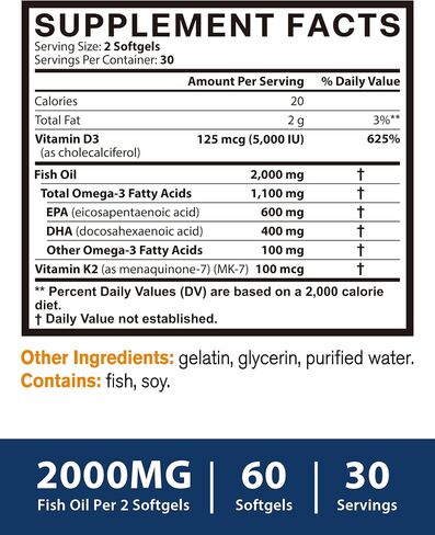 Omega 3 Fish Oil 2000mg, with Vitamins D3 & K2 (MK-7), Omega 3 Fatty Acid Supplements 1100mg, EPA, DHA, from Fresh, Wild-Caught Fish, Bone, Heart, Brain & Immune Health Support, 60 Softgels in Saudi Arabia