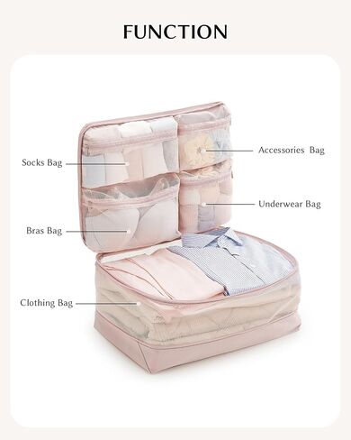 EACHY 5-in-1 Compression Packing Cube, Hanging Luggage Organizer with 4 Compartments for Clothes and Underwear, Machine Washable Travel Suitcase Accessories (Pink, Large) in Saudi Arabia