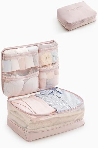 EACHY 5-in-1 Compression Packing Cube, Hanging Luggage Organizer with 4 Compartments for Clothes and Underwear, Machine Washable Travel Suitcase Accessories (Pink, Large) in Saudi Arabia