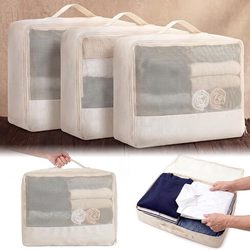 Shinymoon 3 Set 100% Cotton Packing Cubes with Handle Travel Luggage Storage Organizer Bags Beige Suitcases Bags Durable Zippers for Clothes Shoes Storage Weekend Plus Set(Regular Styles) in Kuwait