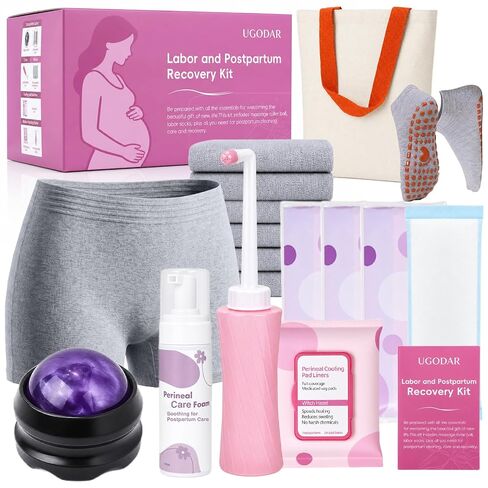 Postpartum Essentials Kit, Postpartum Recovery Set with Peri Bottle, Ice Pads, Perineal Care Foam, Cooling Pad Liners, Disposable Underwear, Labor Socks & Massage Roller,Labor Delivery Gift for Women in Saudi Arabia