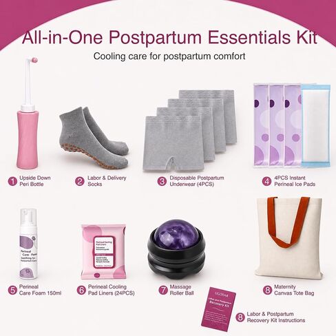 Postpartum Essentials Kit, Postpartum Recovery Set with Peri Bottle, Ice Pads, Perineal Care Foam, Cooling Pad Liners, Disposable Underwear, Labor Socks & Massage Roller,Labor Delivery Gift for Women in Saudi Arabia