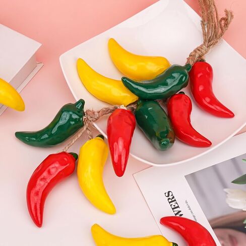 Folmywy Artificial Ceramics Pepper Decorative Hanging Fake Peppers String Green Yellow Red Realistic Chili Vegetable Decoration for Kitchen Farmhouse Home Pendant Wall Cabinet Decor in Saudi Arabia