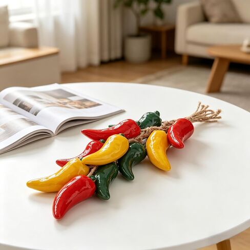 Folmywy Artificial Ceramics Pepper Decorative Hanging Fake Peppers String Green Yellow Red Realistic Chili Vegetable Decoration for Kitchen Farmhouse Home Pendant Wall Cabinet Decor in Saudi Arabia