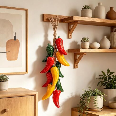 Folmywy Artificial Ceramics Pepper Decorative Hanging Fake Peppers String Green Yellow Red Realistic Chili Vegetable Decoration for Kitchen Farmhouse Home Pendant Wall Cabinet Decor in Saudi Arabia