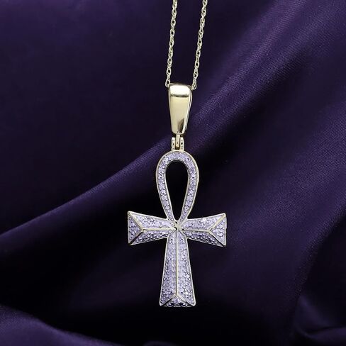 AFFY 1/4 Carat Round Cut White Natural Diamond Ankh Cross Pendant Necklace For Men & Women In 14K Gold Over Sterling Silver (0.25 Cttw, I2-I3 Clarity) in Kuwait