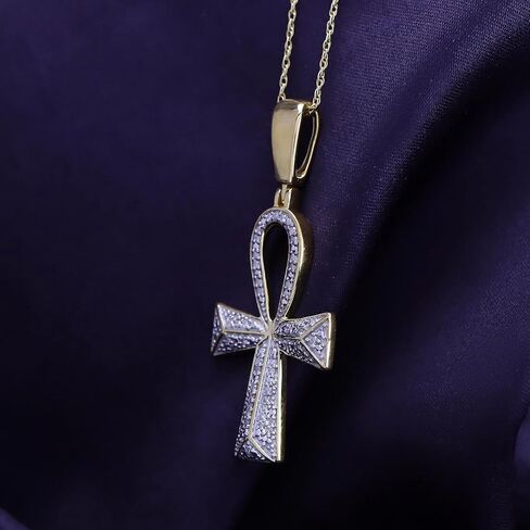 AFFY 1/4 Carat Round Cut White Natural Diamond Ankh Cross Pendant Necklace For Men & Women In 14K Gold Over Sterling Silver (0.25 Cttw, I2-I3 Clarity) in Kuwait