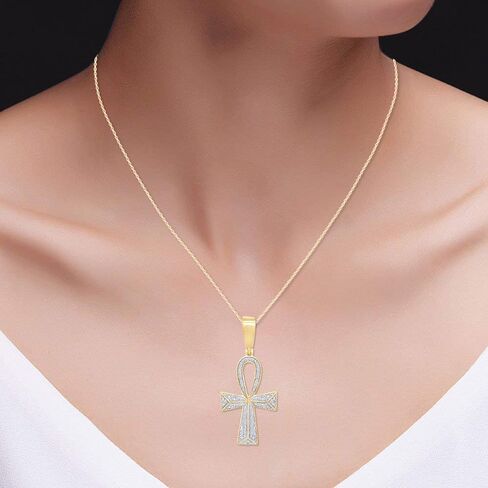 AFFY 1/4 Carat Round Cut White Natural Diamond Ankh Cross Pendant Necklace For Men & Women In 14K Gold Over Sterling Silver (0.25 Cttw, I2-I3 Clarity) in Kuwait
