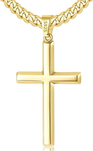 925 Sterling Silver Cross Necklace for Men, 18k Gold Plated Sterling Silver Cross Necklace with 4mm Stainless Steel Cuban Link Chain for Men, Mens Chain Necklaces 16-26 Inch in Saudi Arabia