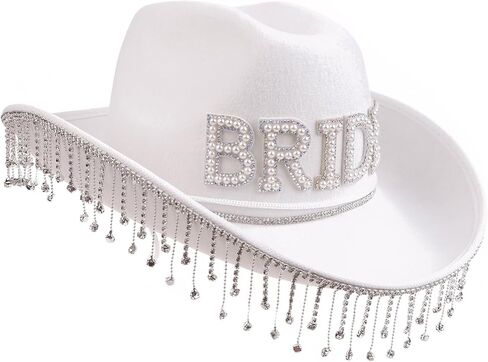 Wedding Party Cowgirl Hat with Rhinestone Fringe Brim Bridal Western Shinning Fedoras Sunproof Hats for Bachelorette in Saudi Arabia
