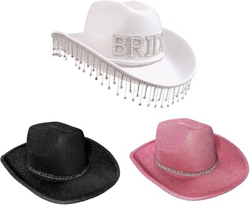 Wedding Party Cowgirl Hat with Rhinestone Fringe Brim Bridal Western Shinning Fedoras Sunproof Hats for Bachelorette in Saudi Arabia