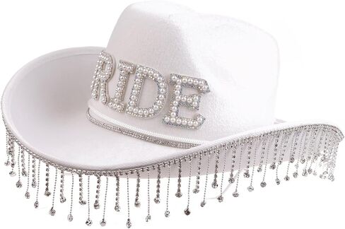 Wedding Party Cowgirl Hat with Rhinestone Fringe Brim Bridal Western Shinning Fedoras Sunproof Hats for Bachelorette in Saudi Arabia