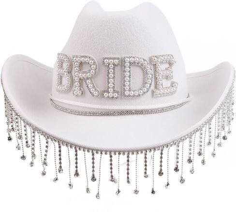Wedding Party Cowgirl Hat with Rhinestone Fringe Brim Bridal Western Shinning Fedoras Sunproof Hats for Bachelorette in Saudi Arabia