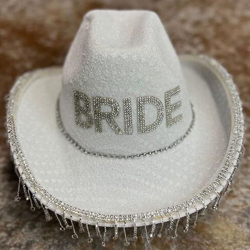 Wedding Party Cowgirl Hat with Rhinestone Fringe Brim Bridal Western Shinning Fedoras Sunproof Hats for Bachelorette in Saudi Arabia