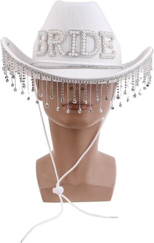 Wedding Party Cowgirl Hat with Rhinestone Fringe Brim Bridal Western Shinning Fedoras Sunproof Hats for Bachelorette in Saudi Arabia