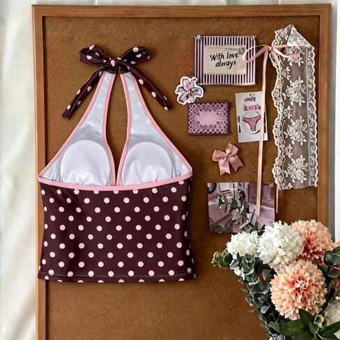 Y2k Vintage 2 Pieces Bikini Set Coquette Halter Tankini Top with Shorts Whimsy Polka Dot Beach Swimsuit Vacation Outfit in Saudi Arabia
