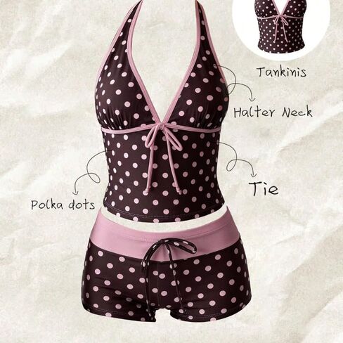 Y2k Vintage 2 Pieces Bikini Set Coquette Halter Tankini Top with Shorts Whimsy Polka Dot Beach Swimsuit Vacation Outfit in Saudi Arabia