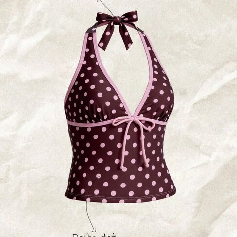 Y2k Vintage 2 Pieces Bikini Set Coquette Halter Tankini Top with Shorts Whimsy Polka Dot Beach Swimsuit Vacation Outfit in Saudi Arabia