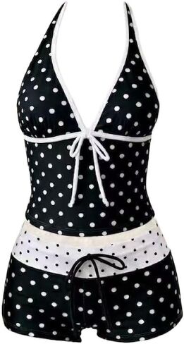 Y2k Vintage 2 Pieces Bikini Set Coquette Halter Tankini Top with Shorts Whimsy Polka Dot Beach Swimsuit Vacation Outfit in Saudi Arabia