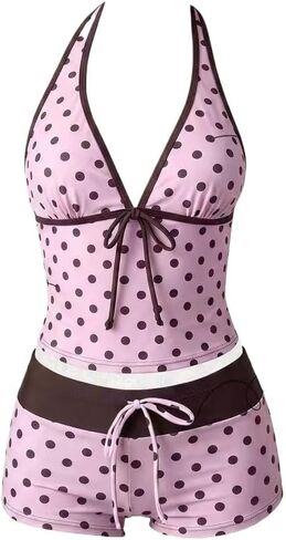 Y2k Vintage 2 Pieces Bikini Set Coquette Halter Tankini Top with Shorts Whimsy Polka Dot Beach Swimsuit Vacation Outfit in Saudi Arabia