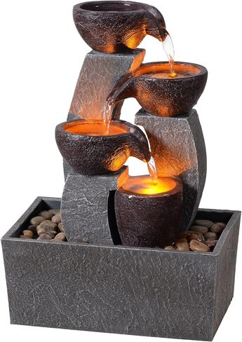 GOSSI Tabletop Water Fountain with LED Lights, Indoor Waterfall Fountain with Cascading Bowls and Pebbles, Small Desk Fountain for Home Office Decor in Saudi Arabia