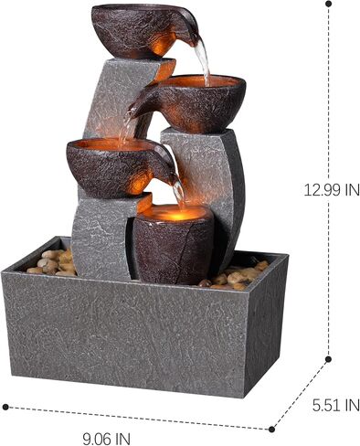 GOSSI Tabletop Water Fountain with LED Lights, Indoor Waterfall Fountain with Cascading Bowls and Pebbles, Small Desk Fountain for Home Office Decor in Saudi Arabia