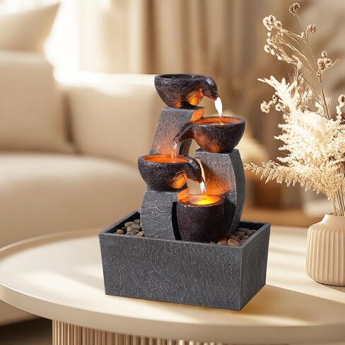 GOSSI Tabletop Water Fountain with LED Lights, Indoor Waterfall Fountain with Cascading Bowls and Pebbles, Small Desk Fountain for Home Office Decor in Saudi Arabia