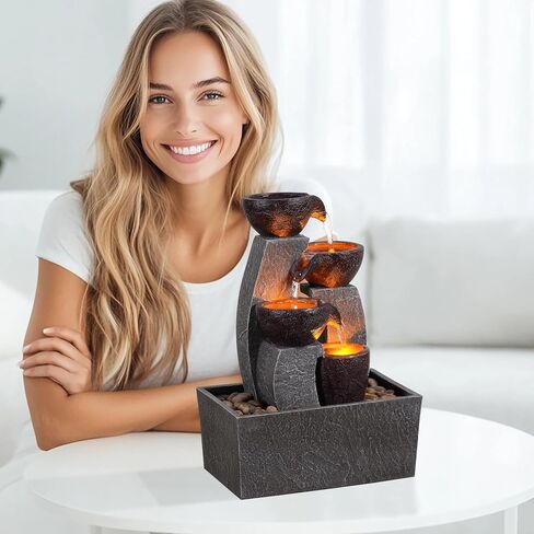 GOSSI Tabletop Water Fountain with LED Lights, Indoor Waterfall Fountain with Cascading Bowls and Pebbles, Small Desk Fountain for Home Office Decor in Saudi Arabia