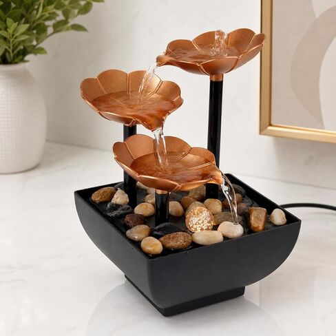 Mini Desktop Fountain with Warm Yellow LED – USB Powered Tabletop Waterfall with Real Stones – Relaxing Indoor Water Feature for Office, Home, Yoga, Meditation in Kuwait