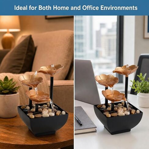 Mini Desktop Fountain with Warm Yellow LED – USB Powered Tabletop Waterfall with Real Stones – Relaxing Indoor Water Feature for Office, Home, Yoga, Meditation in Kuwait