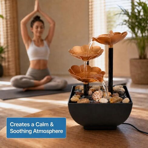 Mini Desktop Fountain with Warm Yellow LED – USB Powered Tabletop Waterfall with Real Stones – Relaxing Indoor Water Feature for Office, Home, Yoga, Meditation in Kuwait