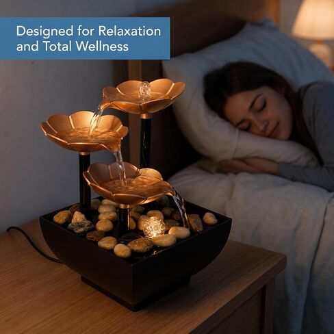 Mini Desktop Fountain with Warm Yellow LED – USB Powered Tabletop Waterfall with Real Stones – Relaxing Indoor Water Feature for Office, Home, Yoga, Meditation in Kuwait
