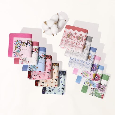 Handkerchiefs for Women, 12Pcs Soft Cotton Printed Women's Handkerchiefs Ladies' Vintage Floral Printing Hankies 13.78" in Saudi Arabia