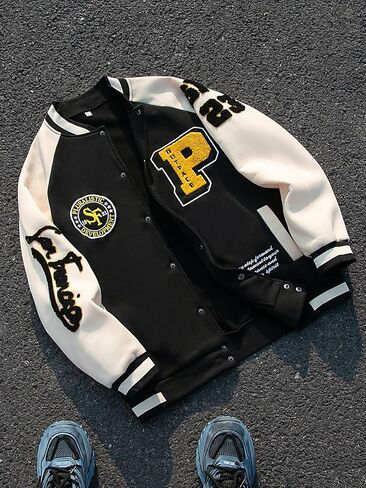 Spring & Autumn American Retro Patch Trendy Baseball Jacket, Street Style Color Block Coat in Kuwait