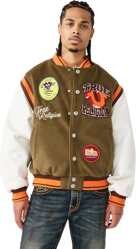 سترة True Religion للرجال Garden Logo Retro Varsity - جلد صناعي، إغلاق أمامي سريع، تفاصيل مخططة in Kuwait