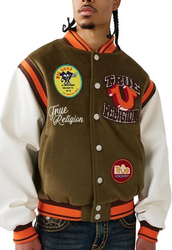 سترة True Religion للرجال Garden Logo Retro Varsity - جلد صناعي، إغلاق أمامي سريع، تفاصيل مخططة in Kuwait