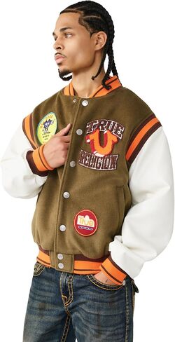 سترة True Religion للرجال Garden Logo Retro Varsity - جلد صناعي، إغلاق أمامي سريع، تفاصيل مخططة in Kuwait