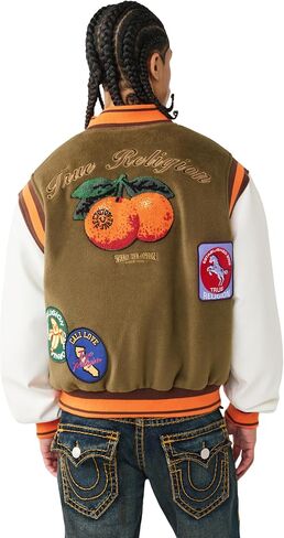 سترة True Religion للرجال Garden Logo Retro Varsity - جلد صناعي، إغلاق أمامي سريع، تفاصيل مخططة in Kuwait