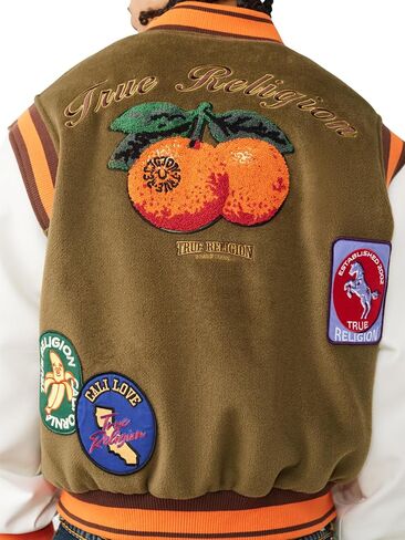 سترة True Religion للرجال Garden Logo Retro Varsity - جلد صناعي، إغلاق أمامي سريع، تفاصيل مخططة in Kuwait