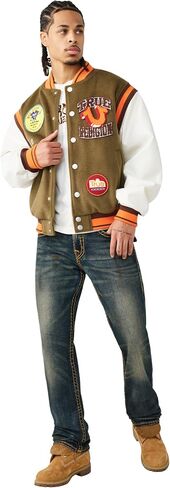 سترة True Religion للرجال Garden Logo Retro Varsity - جلد صناعي، إغلاق أمامي سريع، تفاصيل مخططة in Kuwait