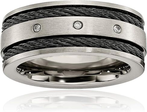 IceCarats Titanium 0.05 carat Diamond Extra Wide Black Cable Wedding Ring 10mm Band Round Cut, Natural, Prong Set, Brushed, Engravable in Kuwait
