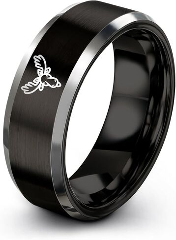 Gift for Nature Fan - Moose Ring - Black Gunmetal Silver Yellow Gold - Band - Men Women - 8mm - Tungsten - Brushed Polished - Anniversary Wedding - Personalized Custom Engraving - Flat Dome Bevel in Kuwait