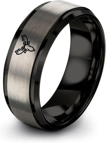 Gift for Nature Fan - Moose Ring - Black Gunmetal Silver Yellow Gold - Band - Men Women - 8mm - Tungsten - Brushed Polished - Anniversary Wedding - Personalized Custom Engraving - Flat Dome Bevel in Kuwait