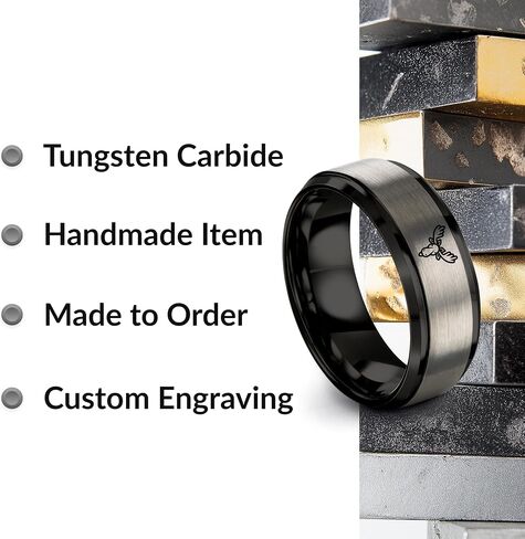 Gift for Nature Fan - Moose Ring - Black Gunmetal Silver Yellow Gold - Band - Men Women - 8mm - Tungsten - Brushed Polished - Anniversary Wedding - Personalized Custom Engraving - Flat Dome Bevel in Kuwait