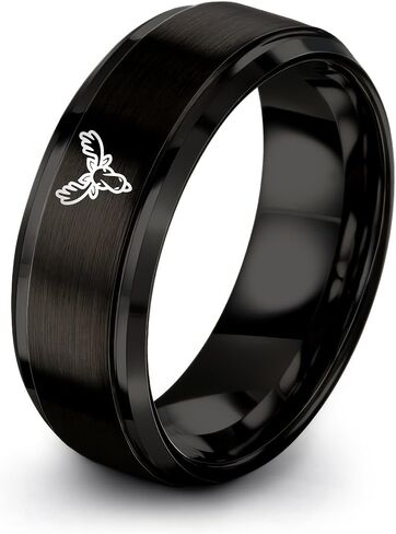 Gift for Nature Fan - Moose Ring - Black Gunmetal Silver Yellow Gold - Band - Men Women - 8mm - Tungsten - Brushed Polished - Anniversary Wedding - Personalized Custom Engraving - Flat Dome Bevel in Kuwait