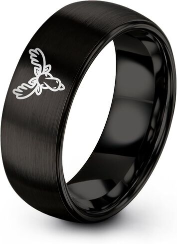 Gift for Nature Fan - Moose Ring - Black Gunmetal Silver Yellow Gold - Band - Men Women - 8mm - Tungsten - Brushed Polished - Anniversary Wedding - Personalized Custom Engraving - Flat Dome Bevel in Kuwait